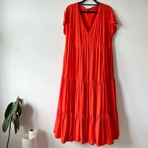 Short sleeve red summer maxi dress from Zara.